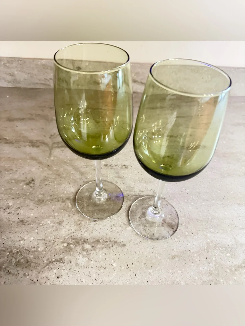 Pier 1 Imports Pantiago Olive Green Wine Glasses Clear Stem Set of 2